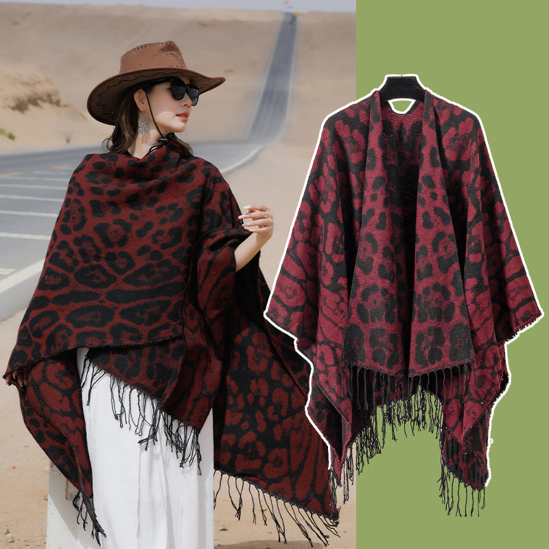 Wine-red Bold Leopard Print Poncho Cape - Women's Warm Oversized Shawl Wrap (130x150cm)