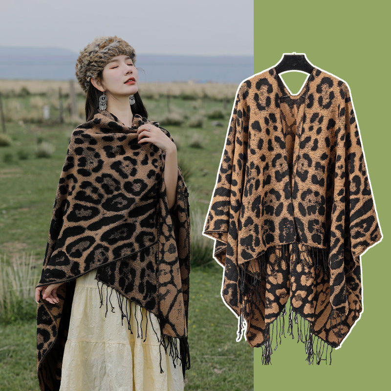 Khaki Bold Leopard Print Poncho Cape - Women's Warm Oversized Shawl Wrap (130x150cm)