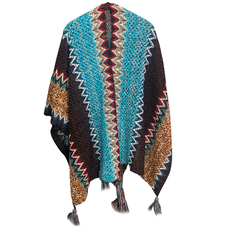 Peacock Blue Cozy Knitted Poncho Cape - Thick Mohair Blend Winter Shawl Wrap (106x135cm)