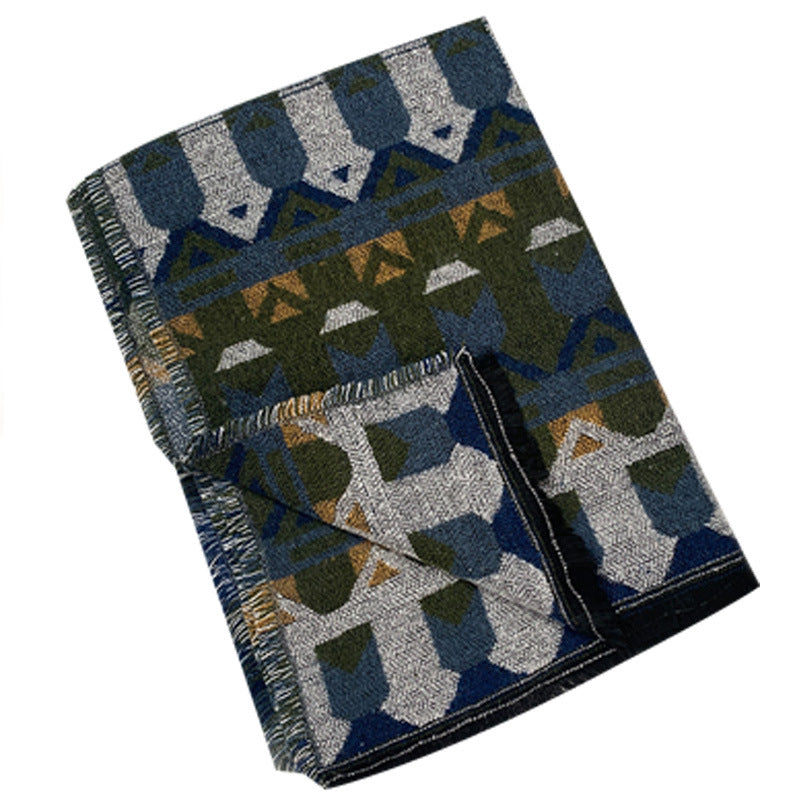 Blue Extra Large Ethnic Print Faux Lambswool Shawl - Cozy Winter Wrap Scarf (70x210cm)