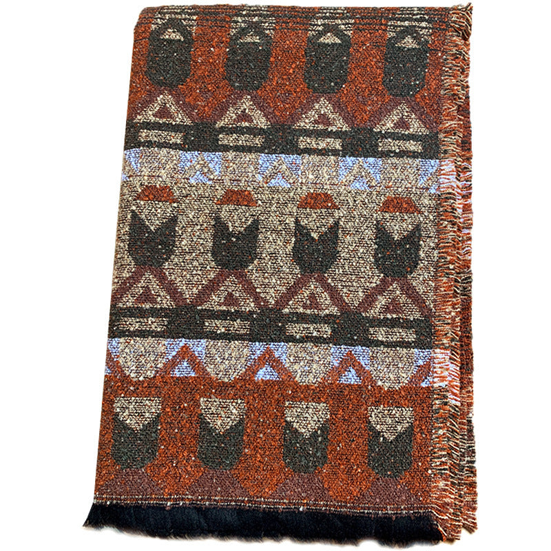 Brick Red Extra Large Ethnic Print Faux Lambswool Shawl - Cozy Winter Wrap Scarf (70x211cm)