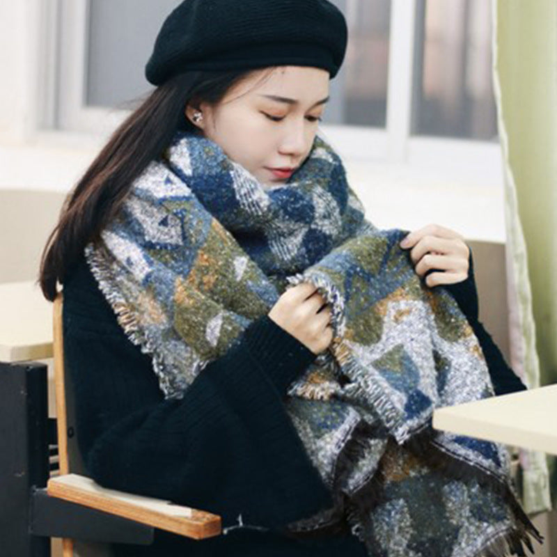 Blue-grey Extra Large Ethnic Print Faux Lambswool Shawl - Cozy Winter Wrap Scarf (70x211cm)