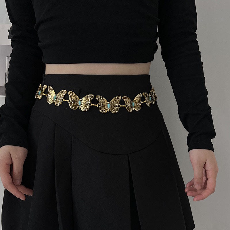 Turquoise Butterfly Belt Chain-Gold Set of 4 Bohemian Ethnic Style Metal Waist Chains - Versatile Fashion Belts for Dresses & Shirts