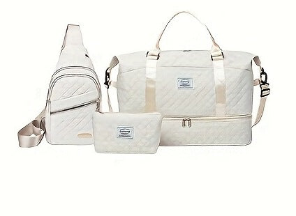 Beige Stylish 3-Piece Quilted Travel Bag Set - Weekender Duffel with Shoe Compartment, Sling Bag & Cosmetic Pouch