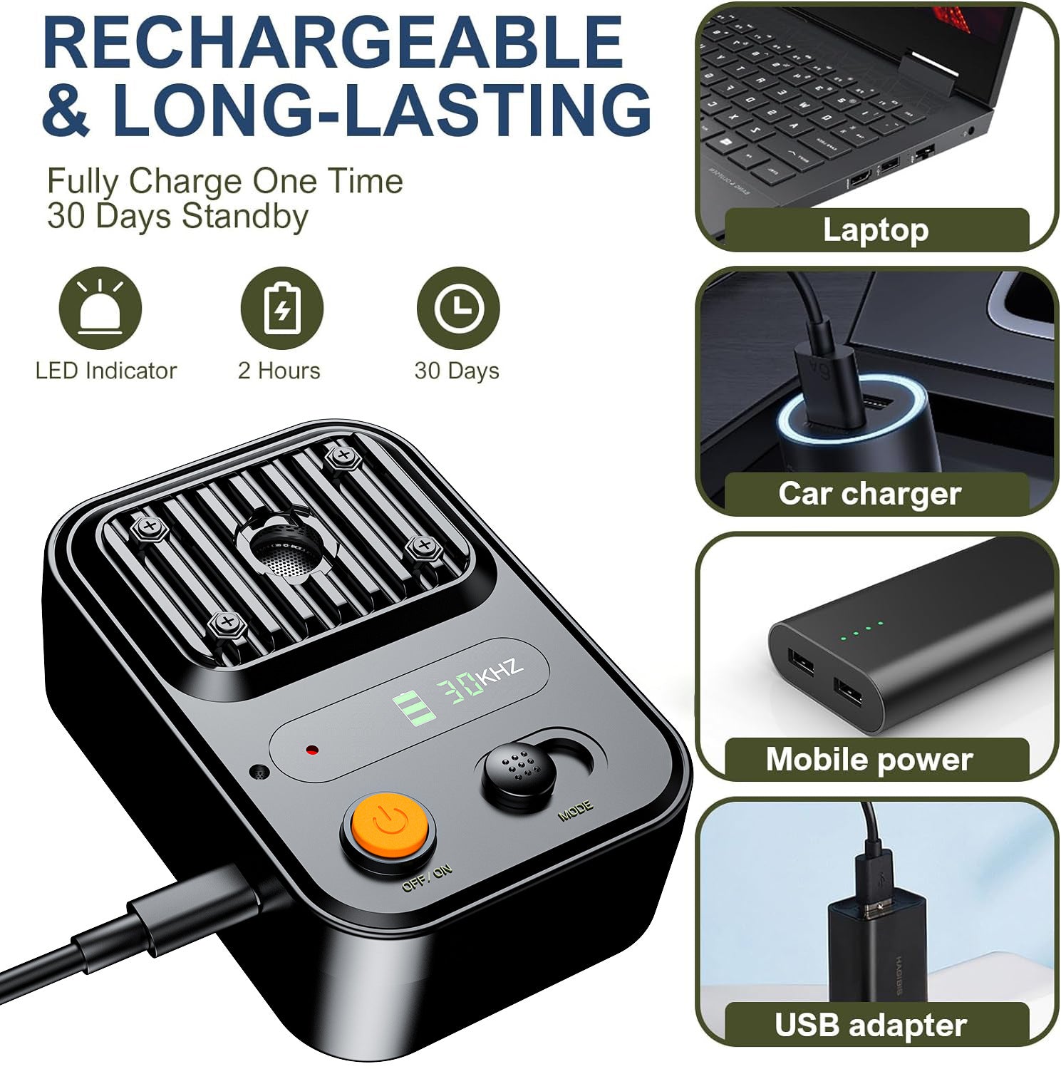 Green USB Rechargeable Color Screen Ultrasonic Dog Repeller - High-Power Anti-Bark Device, 9.2x5.6x13cm, 180g