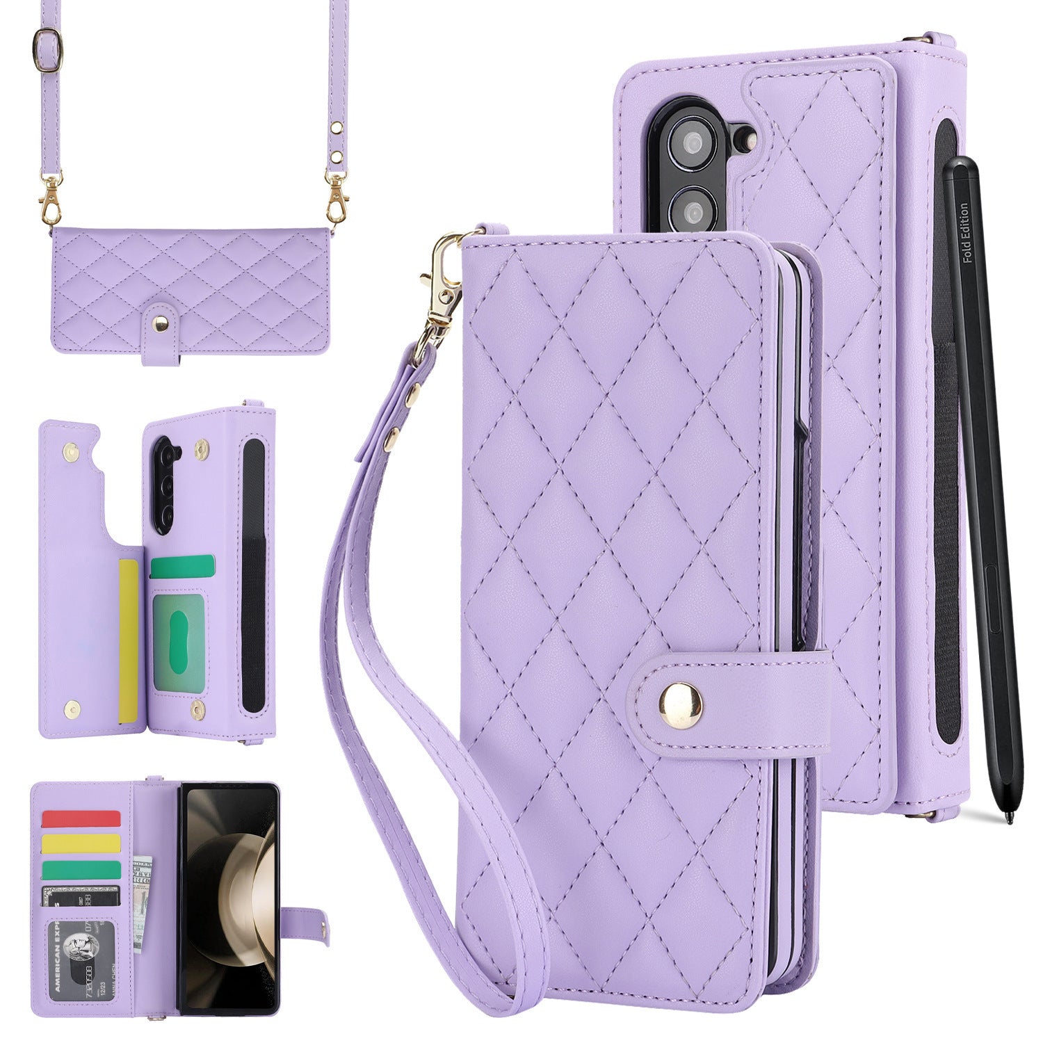 Purple Galaxy Z Fold3 Multi-Functional Leather Wallet Case for Samsung Z Fold Series - Crossbody with Pen Slot, Quilted Design