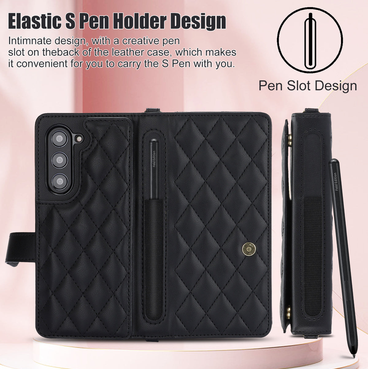 Purple Galaxy Z Fold5 Multi-Functional Leather Wallet Case for Samsung Z Fold Series - Crossbody with Pen Slot, Quilted Design