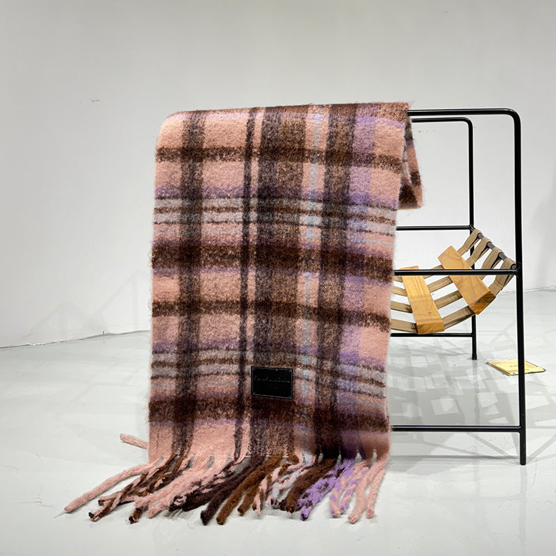 Purple-pink Plaid Color-Block Women's Scarf - Autumn/Winter Thick Warm Neck Wrap with Tassels