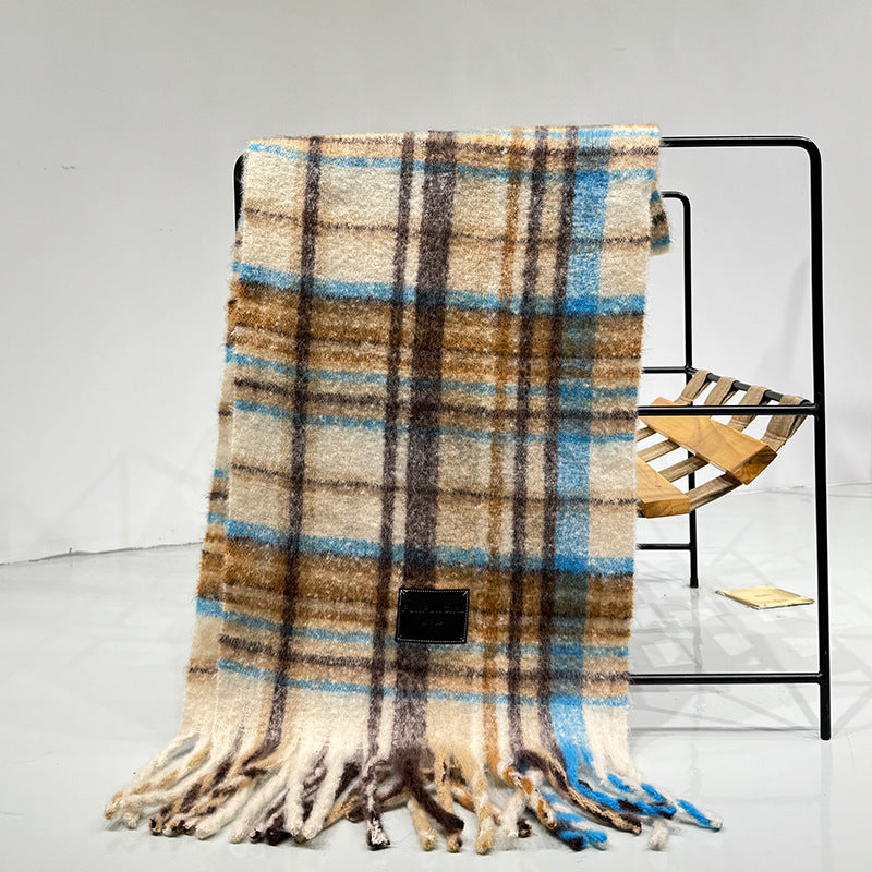 Yellow Blue Plaid Color-Block Women's Scarf - Autumn/Winter Thick Warm Neck Wrap with Tassels
