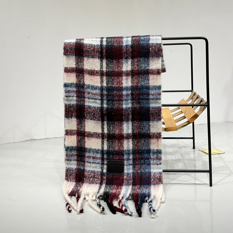 Red-blue Plaid Color-Block Women's Scarf - Autumn/Winter Thick Warm Neck Wrap with Tassels