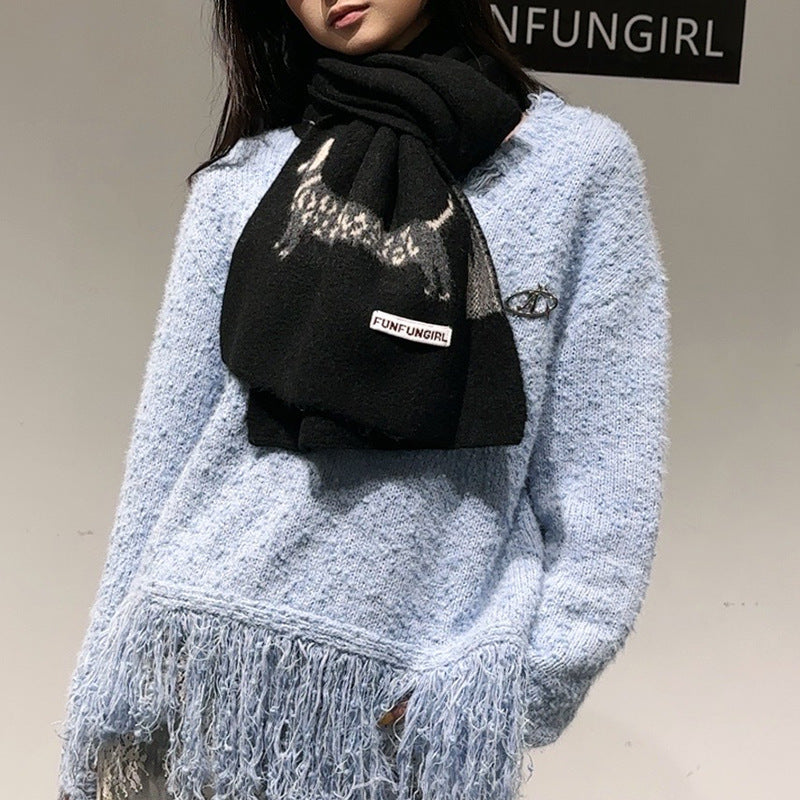 Black Cute Korean-Style Wool Scarf with Dog Design - Unisex Knitted Winter Neck Wrap
