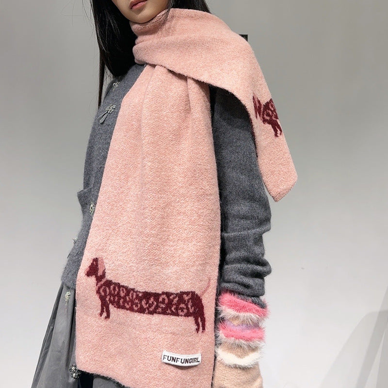 Pink Cute Korean-Style Wool Scarf with Dog Design - Unisex Knitted Winter Neck Wrap