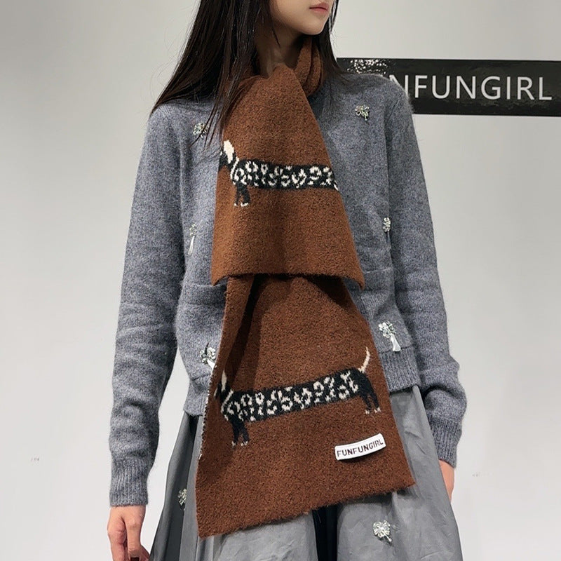 Brown Cute Korean-Style Wool Scarf with Dog Design - Unisex Knitted Winter Neck Wrap