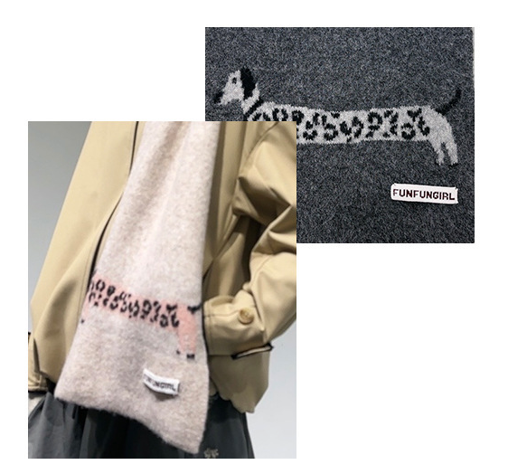 Brown Cute Korean-Style Wool Scarf with Dog Design - Unisex Knitted Winter Neck Wrap