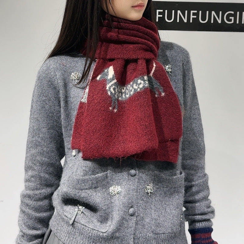 Red Cute Korean-Style Wool Scarf with Dog Design - Unisex Knitted Winter Neck Wrap