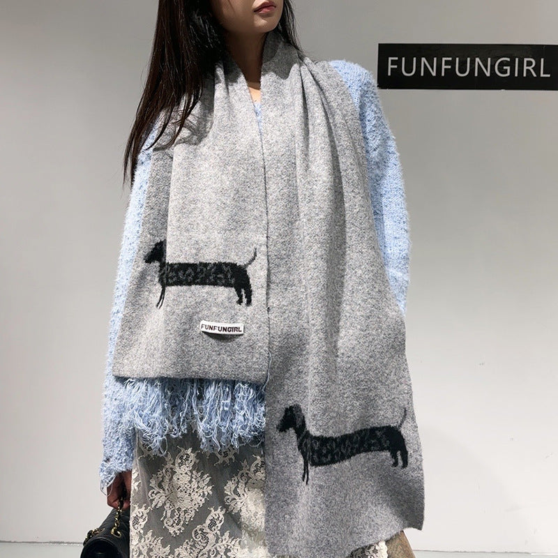 Grey Cute Korean-Style Wool Scarf with Dog Design - Unisex Knitted Winter Neck Wrap