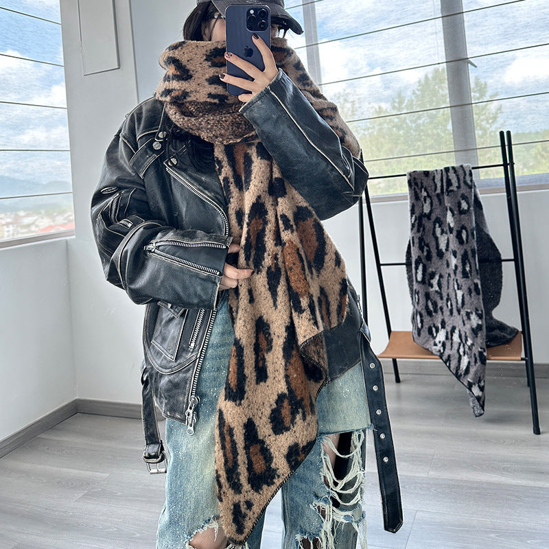 Brown Leopard Luxurious Thick Faux Cashmere Knitted Shawl - Versatile 55 x 210 cm Winter Scarf