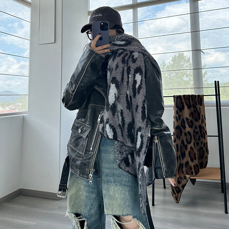 Grey Leopard Luxurious Thick Faux Cashmere Knitted Shawl - Versatile 55 x 210 cm Winter Scarf