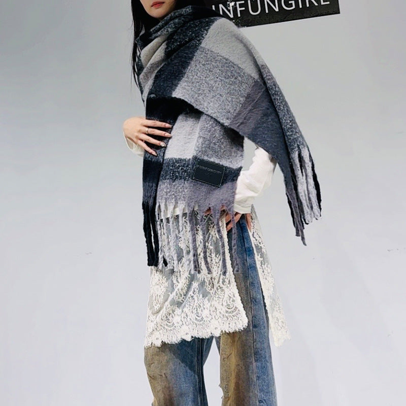 Black-grey Classic Plaid Faux Cashmere Winter Scarf - Warm and Stylish 50 x 180 cm Design