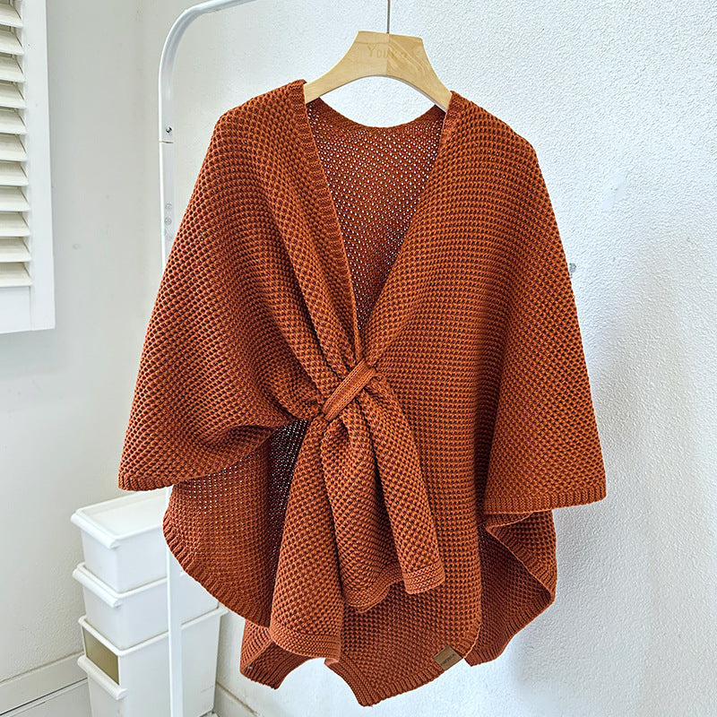 Caramel Color Luxurious Faux Cashmere Knitted Cape - Large Buckled 90 x 140 cm Women's Versatile Shawl