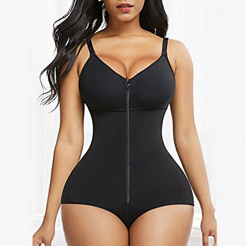 XL Black Women's Seamless Body-Shaping Onesie with Zipper - Abdomen Slimming and Hip Lifting