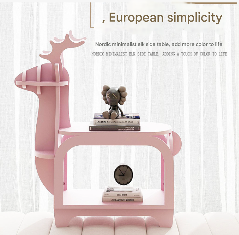 Pink Small Creative Reindeer-Shaped Solid Wood Bookshelf for Kids