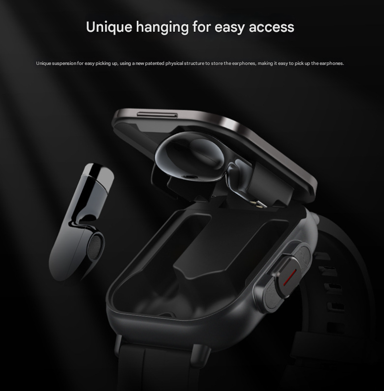Black 2-in-1 Bluetooth Smartwatch with Integrated Earbuds for Sports