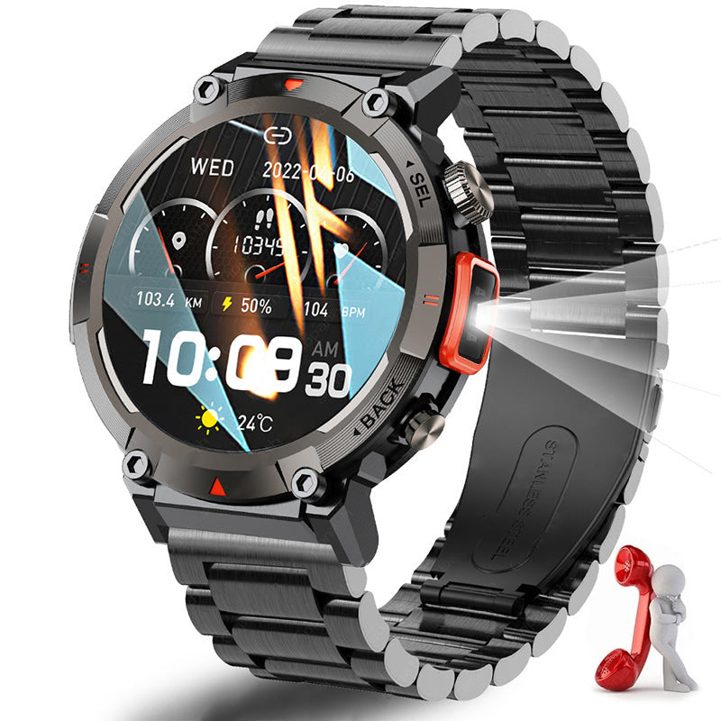 Black Steel Belts Outdoor Smartwatch with 1.45-Inch HD Round Screen and Flashlight