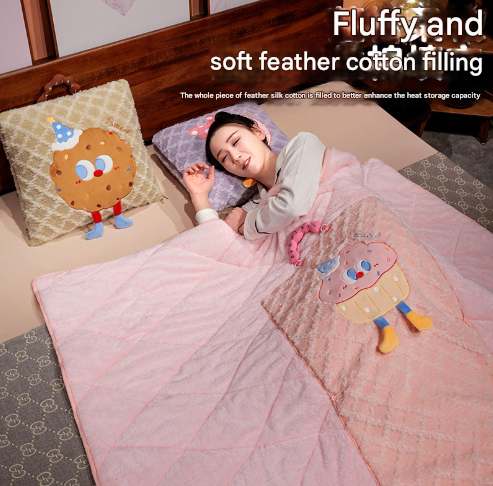 Khaki Thick Fleece Cartoon Cookie Pillow Blanket 2-in-1 for Winter Car and Office Use