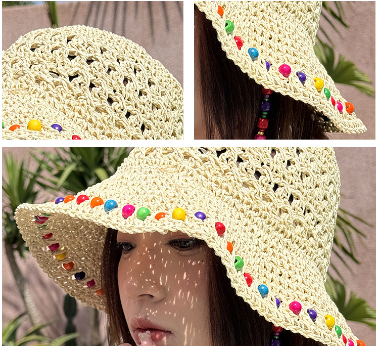 Beige Colorful Wooden Bead Straw Hat for Women - Large Brim Sun Protection