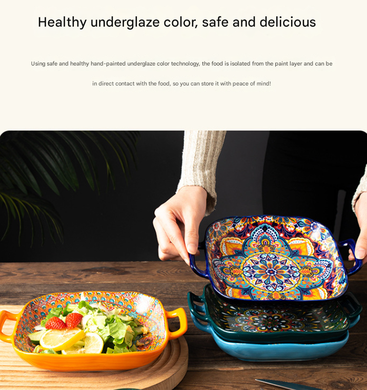 Emerald Plume 9-Inch Bohemian Ceramic Double-Handled Square Plate