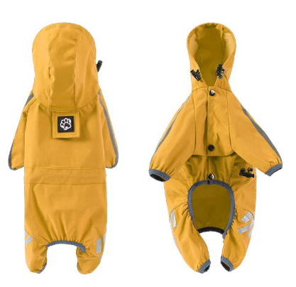 XXL Bright Yellow And Gray Trim Waterproof Four-Legged Dog Raincoat with Leash Hole for Small Breeds