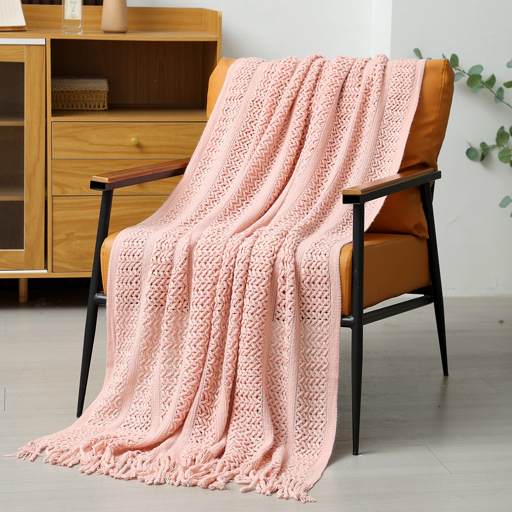 Pink Hollow Knitted Sofa Blanket with Tassels, 120 x 165 cm, 510g, Ideal for Hotel and Home