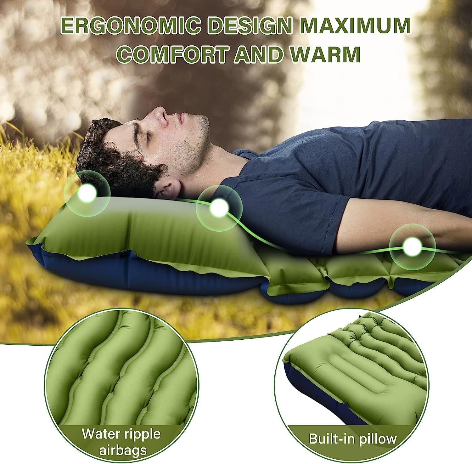 Green 190cm Ultra-Light Foot Pump Inflatable Camping Sleeping Pad