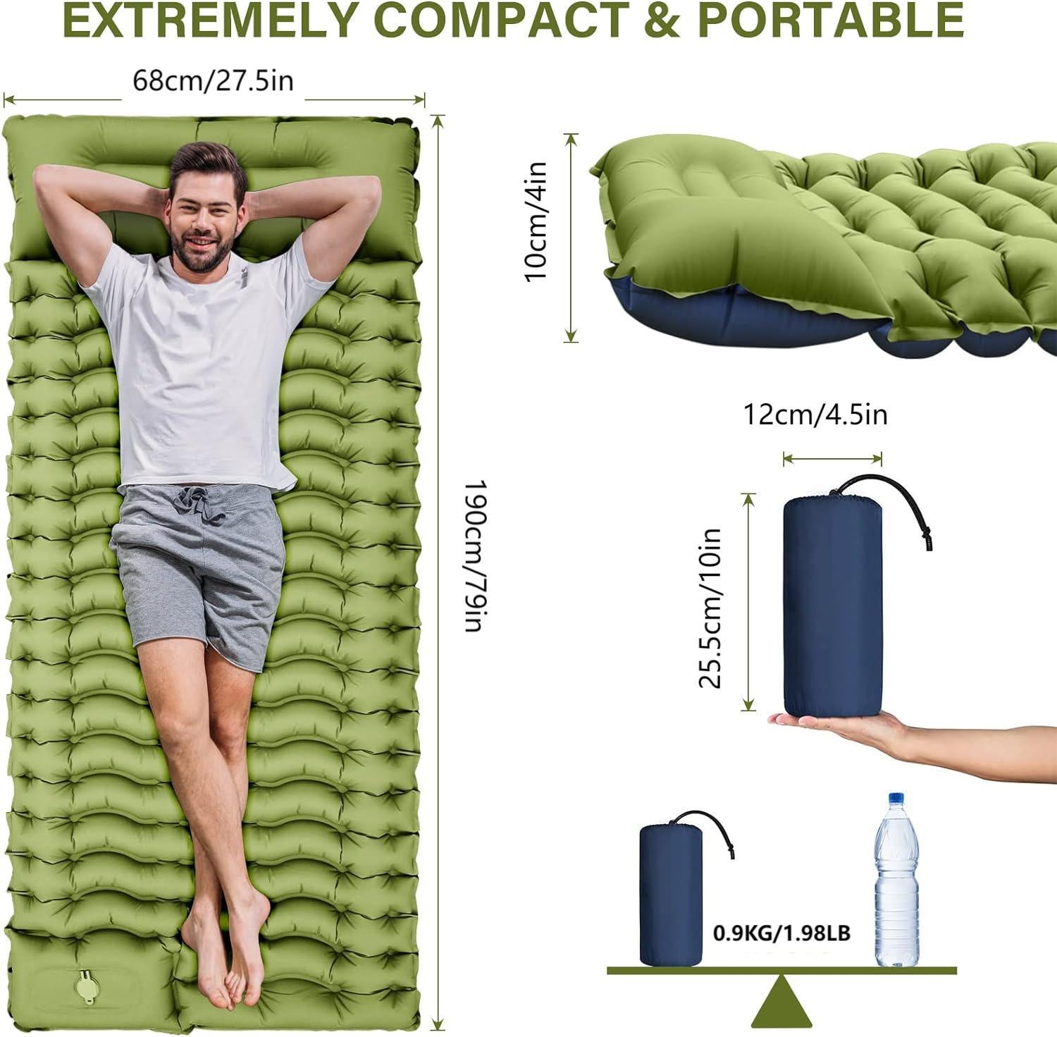 Green 190cm Ultra-Light Foot Pump Inflatable Camping Sleeping Pad