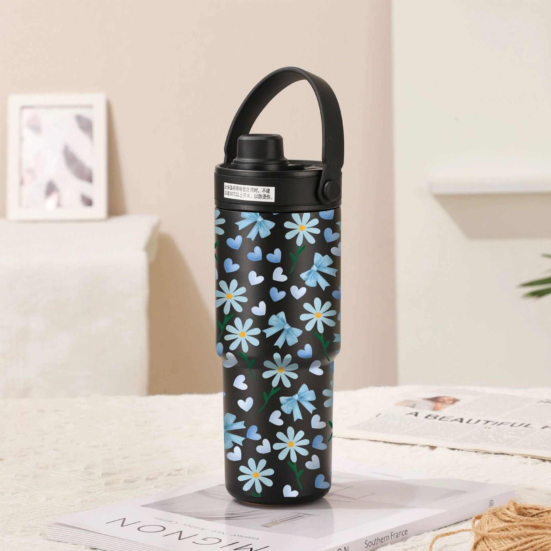 Twilight Black-Bow Tie Blue Flower 30oz Ceramic-Lined Insulated Tumbler with Handle, 735ml Stainless Steel Travel Mug