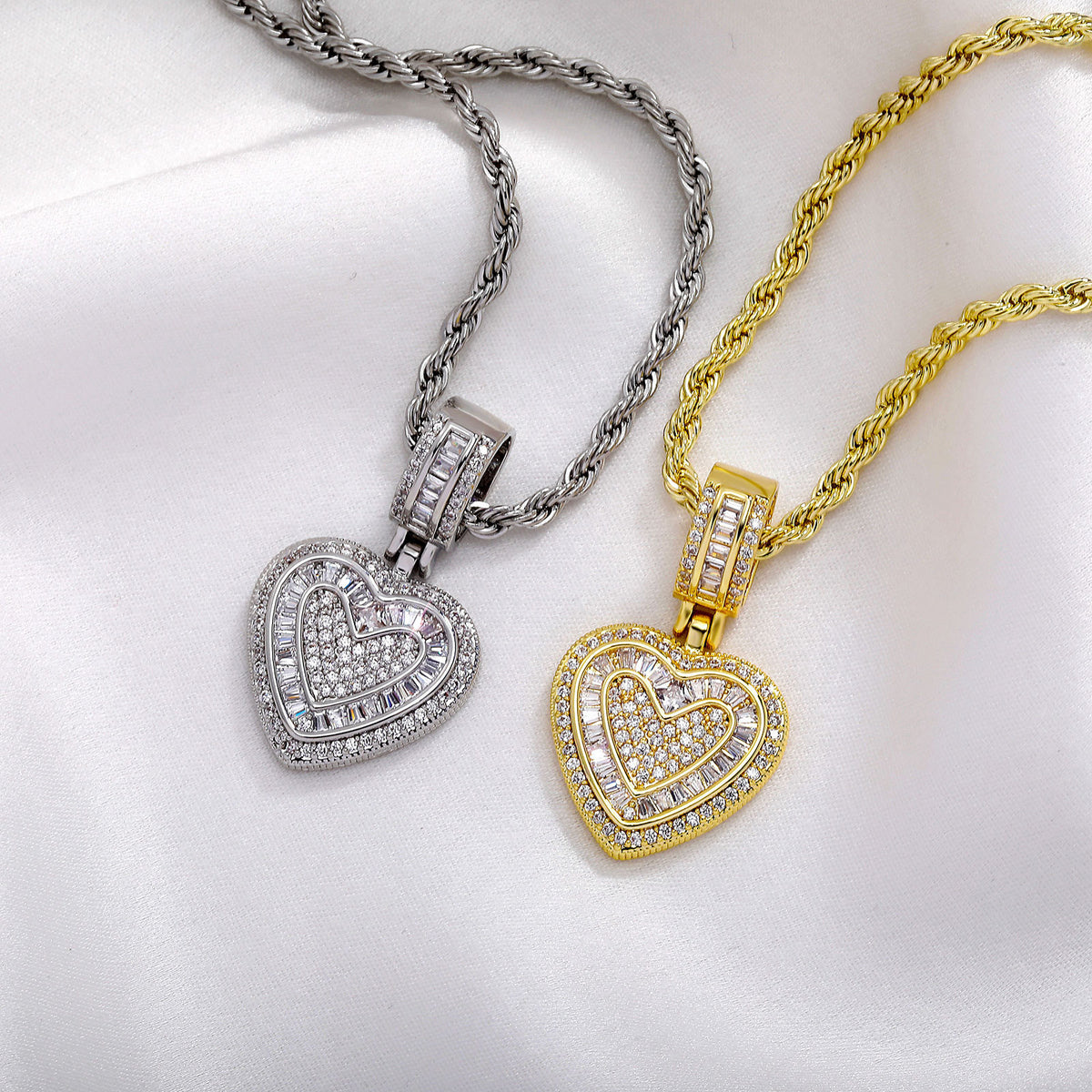 Iced Out Heart Pendant Necklace - 5A+ CZ Stones, 14K Gold Plated with Rope Chain(Silver)