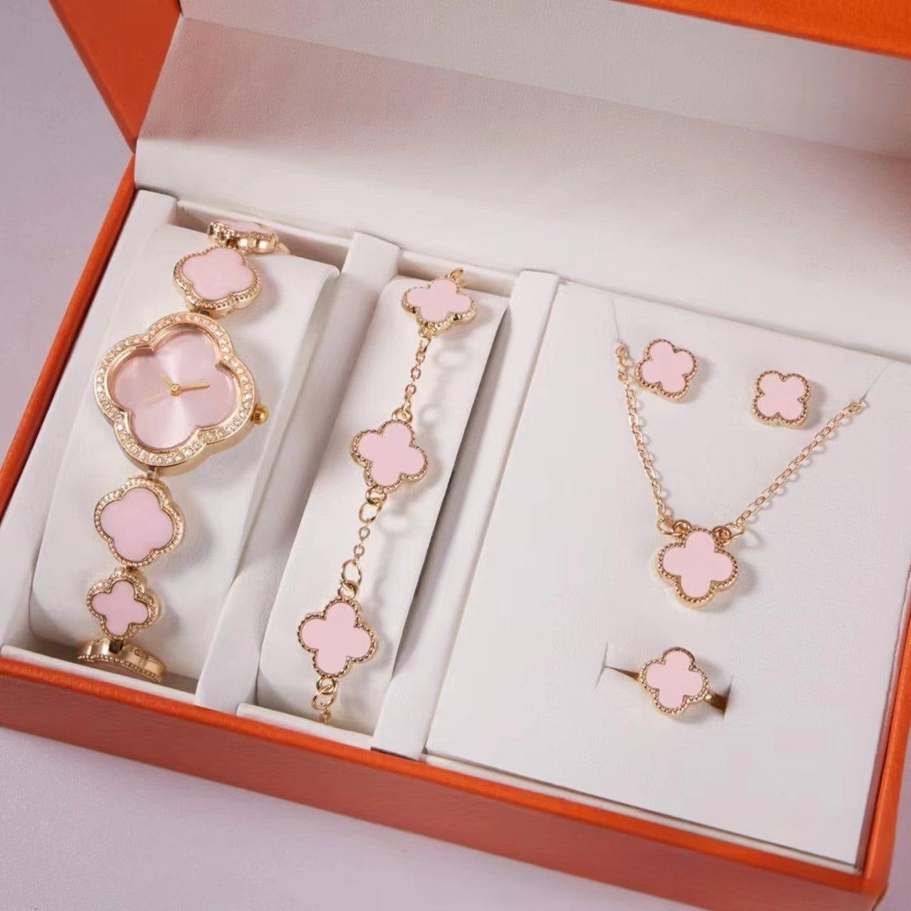 Elegant 5-Piece Women's Jewelry & Watch Set - Crystal Accented Heart Design(Pink)
