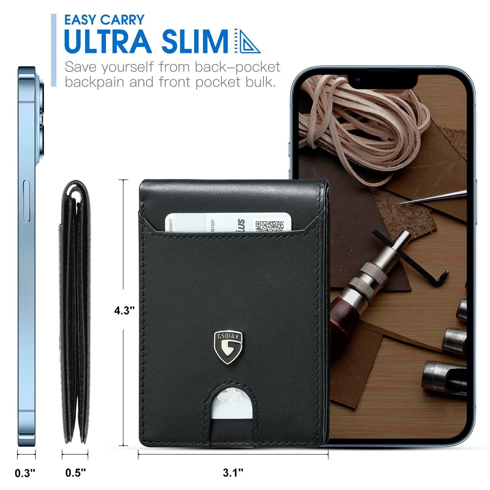 Men's Slim Leather Bifold Wallet - RFID Blocking, 11 Card Slots, ID Window(Twill black and red)