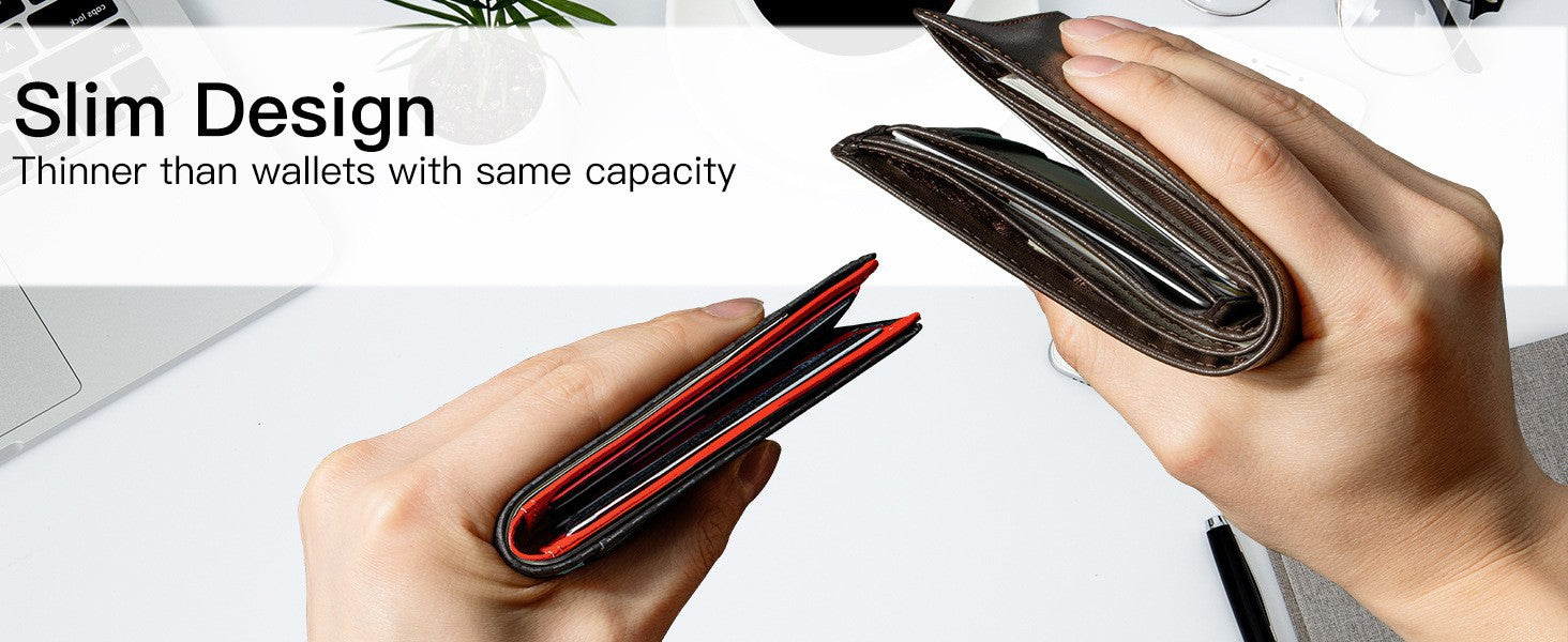 Men's Slim Leather Bifold Wallet - RFID Blocking, 11 Card Slots, ID Window(Twill black and red)
