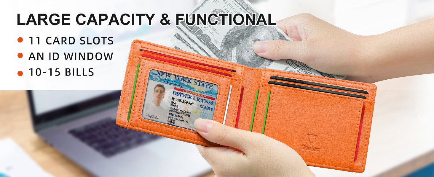 Men's Slim Leather Bifold Wallet - RFID Blocking, 11 Card Slots, ID Window(Twill black and red)