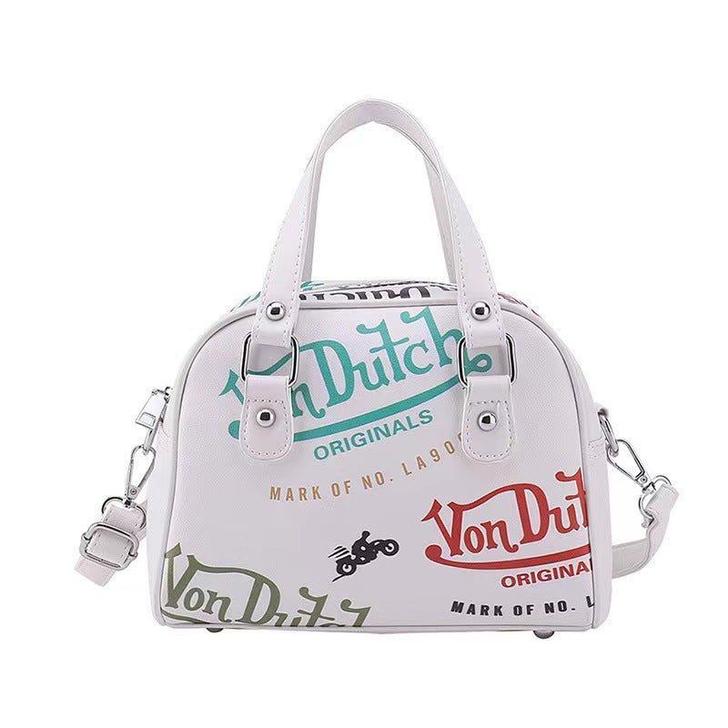 Retro Print PU Leather Dome Satchel Bag - Versatile Crossbody & Handbag(white)