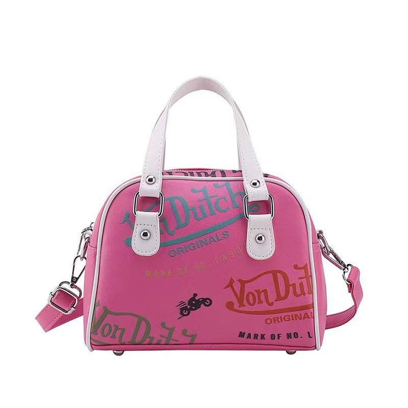 Retro Print PU Leather Dome Satchel Bag - Versatile Crossbody & Handbag(Rose red)