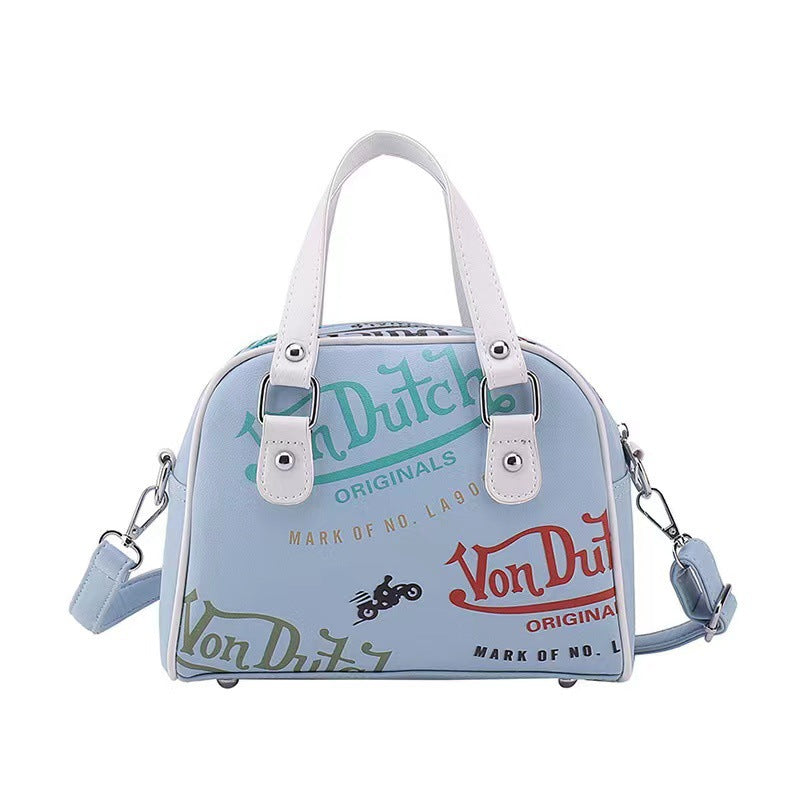 Retro Print PU Leather Dome Satchel Bag - Versatile Crossbody & Handbag(Blue)