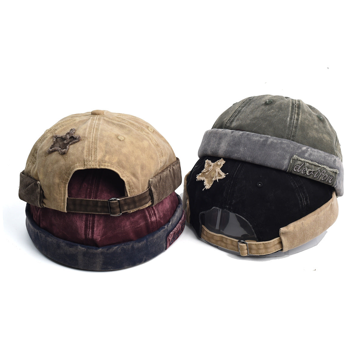 Vintage Washed Cotton Docker Cap - Unisex Brimless Beanie Hat with Star Patch(Black)