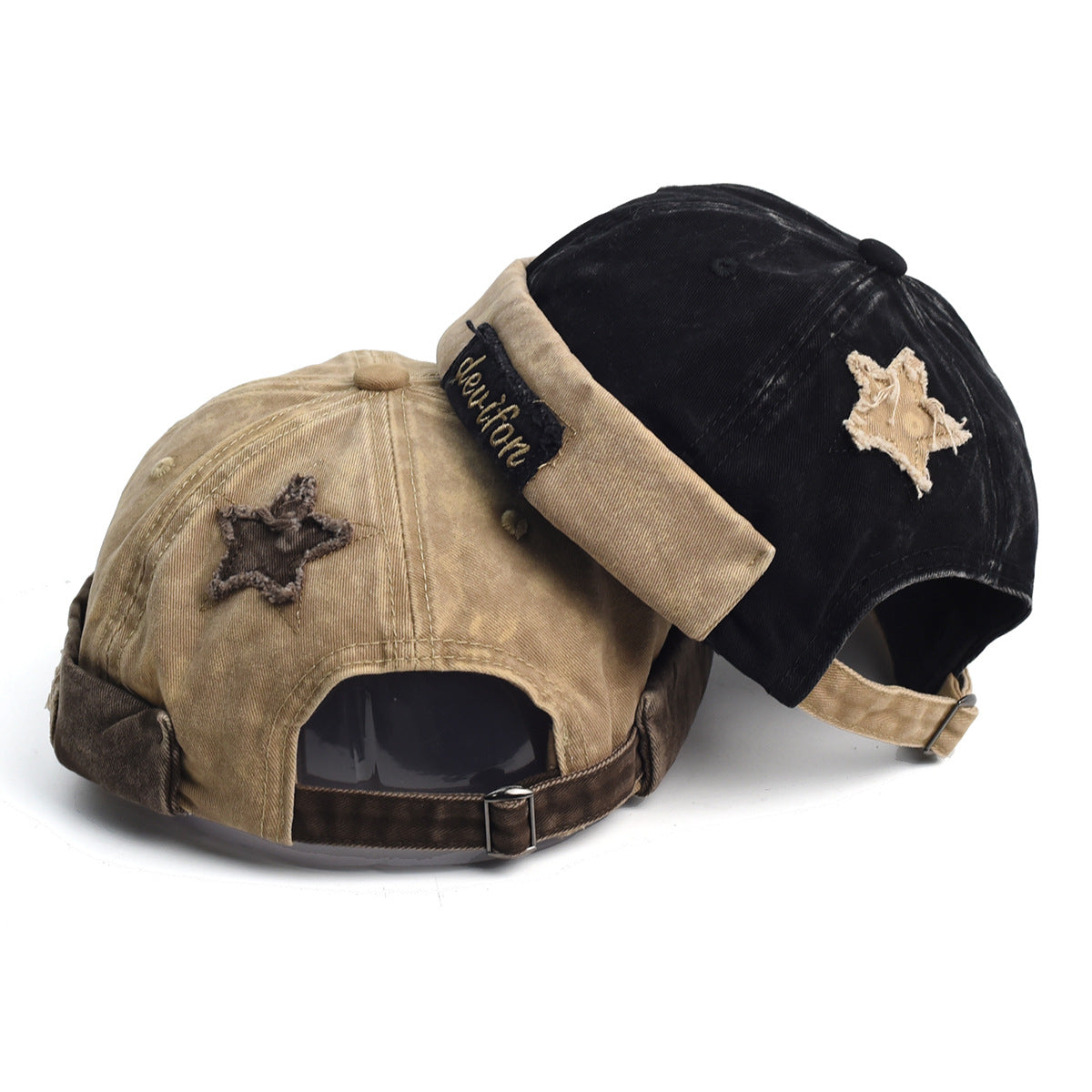 Vintage Washed Cotton Docker Cap - Unisex Brimless Beanie Hat with Star Patch(Black)