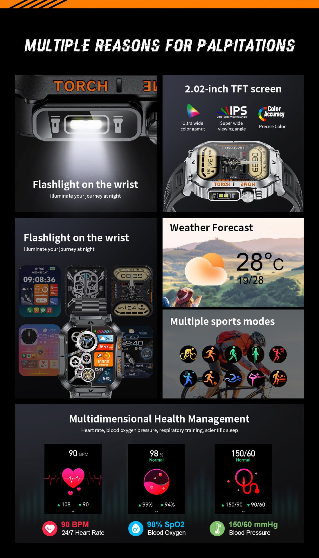 Smartwatch with Flashlight, Compass & Wireless Calling - Health & Fitness Tracker(Black silicone with silver case)