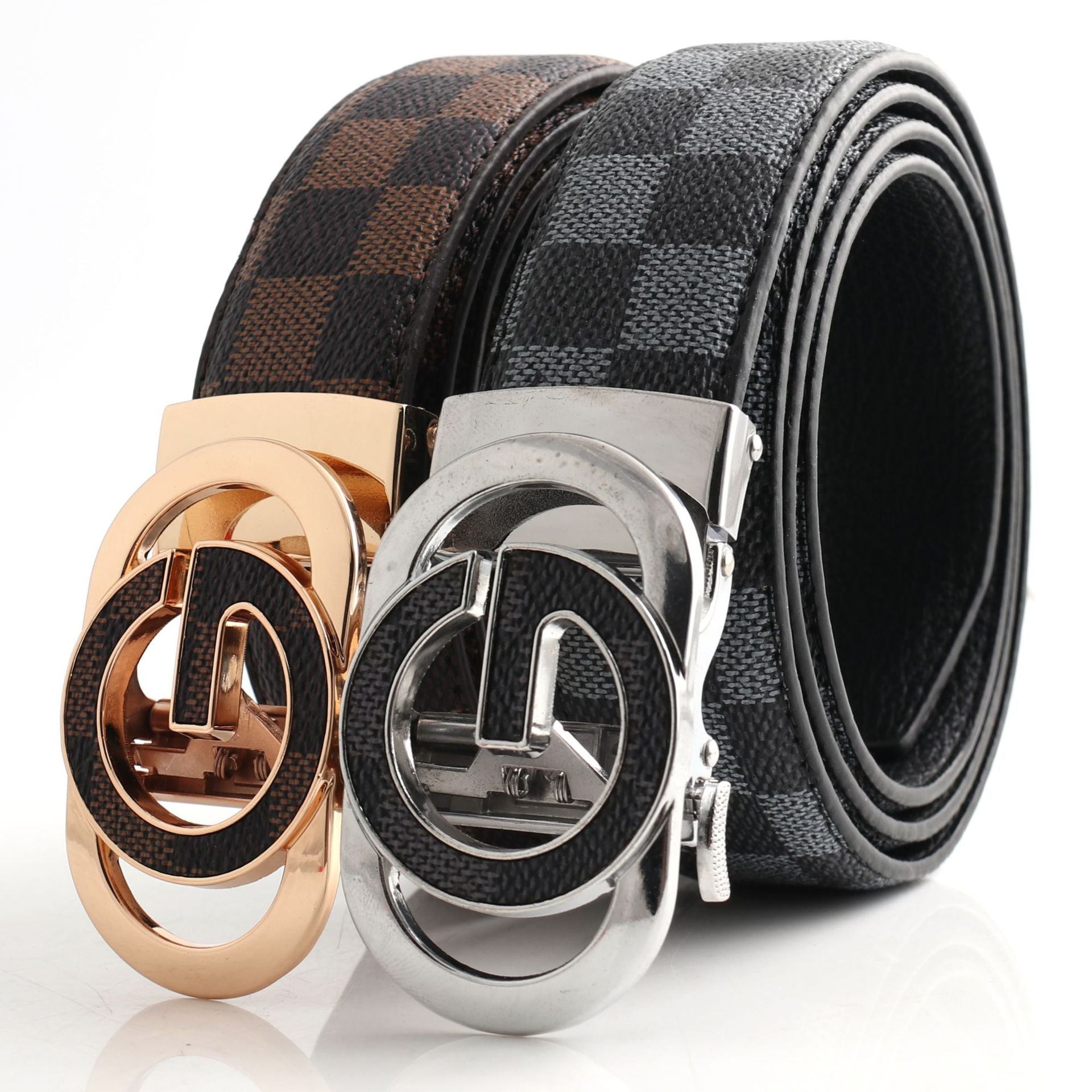 Luxury Designer Style PU Leather Belt,Automatic Buckle(G-patterned black-gray belt + silver buckle)