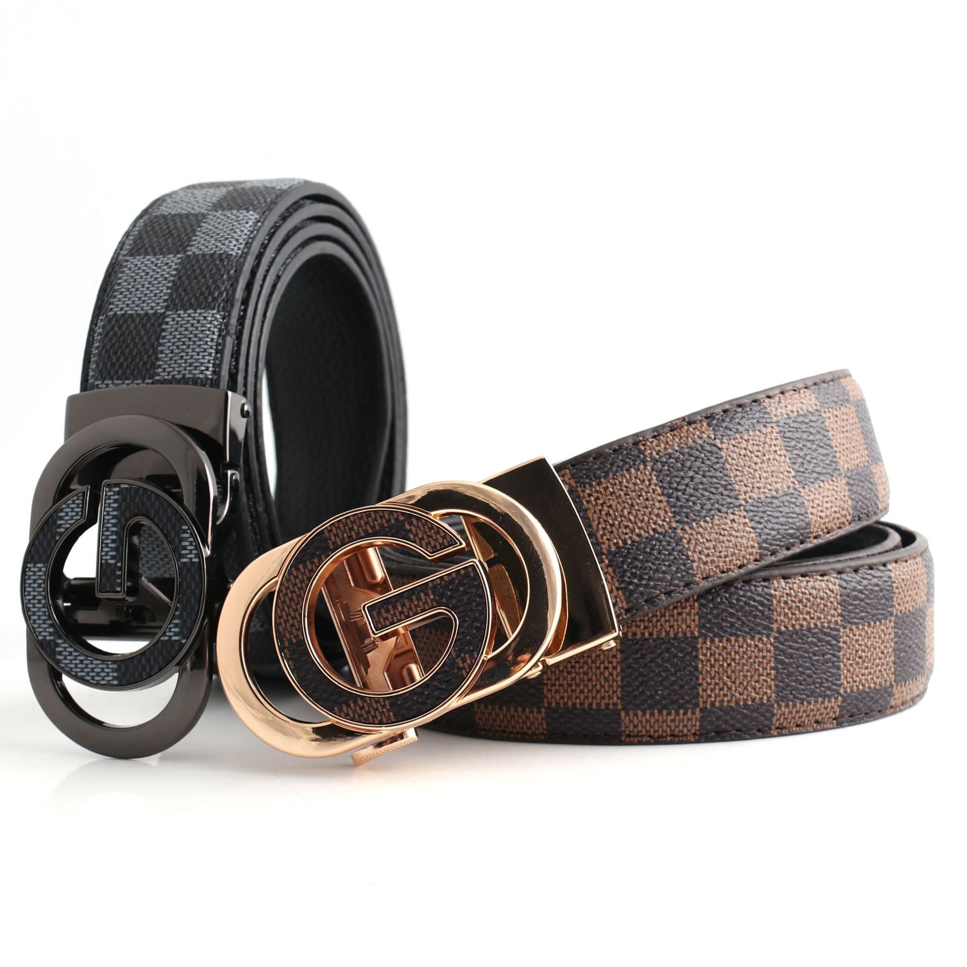 Luxury Designer Style PU Leather Belt,Automatic Buckle(G-patterned black-gray belt + silver buckle)
