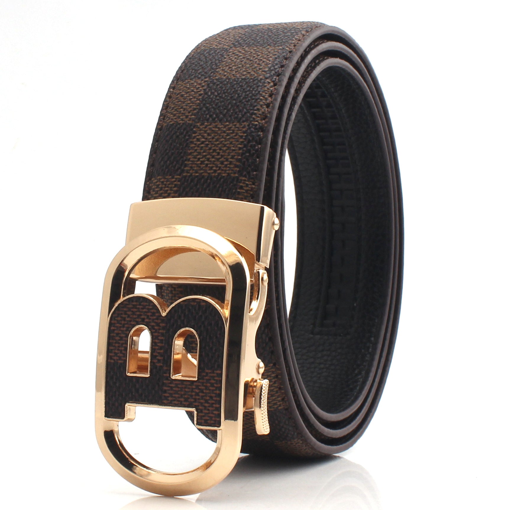 Luxury Designer Style PU Leather Belt,Automatic Buckle(B-patterned coffee-colored belt + gold buckle)